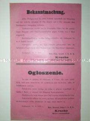 Bekanntmachung des Kommandanten über das nächtliche Ausgehverbot ohne Nachtausweis (zweisprachig)