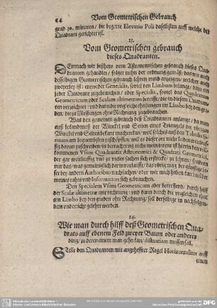 14. Wie man durch hilff deß Geometrischen Quadrats auff ebenem Feld zweyer Baum oder anderer ding/ zu deren einem man gehn kan/ distantiam messen soll.