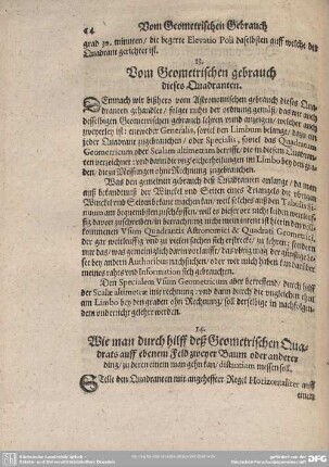 14. Wie man durch hilff deß Geometrischen Quadrats auff ebenem Feld zweyer Baum oder anderer ding/ zu deren einem man gehn kan/ distantiam messen soll.