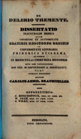 De delirio tremente : Dissertatio inauguralis medica