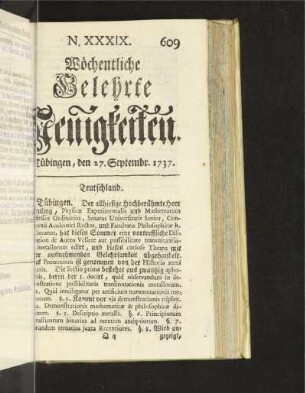 N. XXXIX. Tübingen, den 27. Septembr. 1737