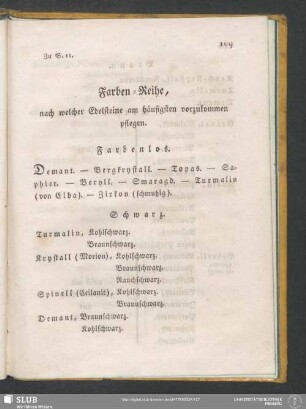 Farben-Reihe, nach welcher Edelsteine am häufigsten vorzukommen pflegen. (Zu S. 11)