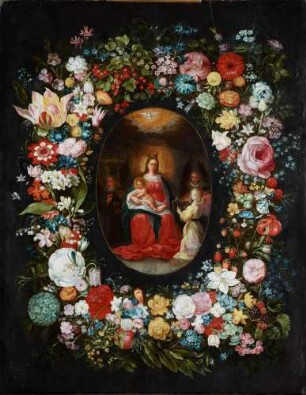 Maria mit Kind und musizierenden Engeln in einer Blumengirlande