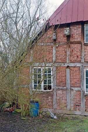 Hörn 23: Hofanlage: Fachwerkdurchfahrtshaus von 1753: in Verfall: Giebelseite Wohntrakt, Teilansicht links: Sprossenfenster