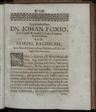 Viro Consultissimo Dn. Johan. Foxio [...]