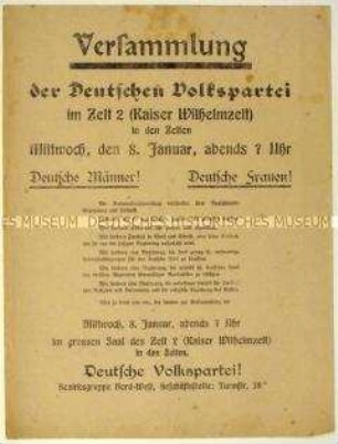 Aufruf der Deutschen Volkspartei zu einer Versammlung am 8. Januar 1919 in Berlin zur bevorstehenden Wahl der Nationalversammlung 1919