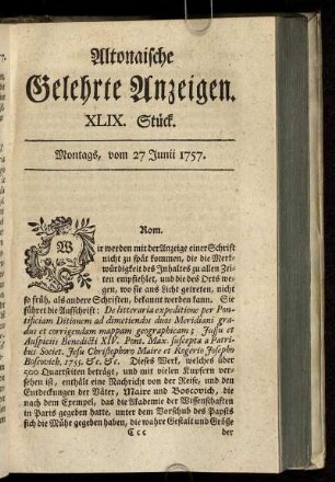 XLIX. Stück. Montags, vom 27 Junii 1757
