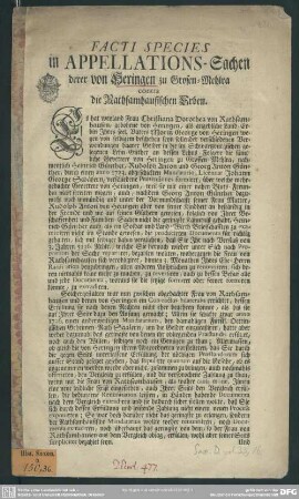 Facti Species in Appellations-Sachen derer von Heringen zu Grosen-Mehlra contra die Rathsamhausischen Erben