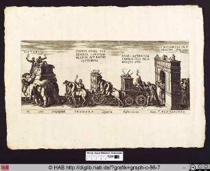 Triumphzug römischer Bürger mit Elefanten, Pferden und Wagen.