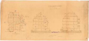 Landhaus Deventer, Berlin-Nikolasssee: Grundriss KG, Querschnitt und Längsschnitt 1:100