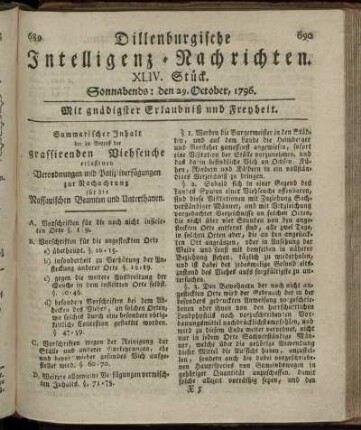 XLIV. Stück. Sonnabends: den 29. October 1796.
