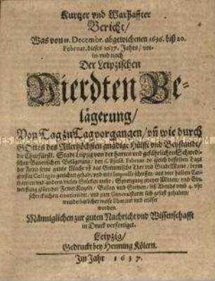 Bericht über die Belagerung und Befreiung Leipzigs 1636/37