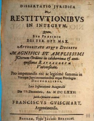 Diss. iur. de restitutionibus in integrum