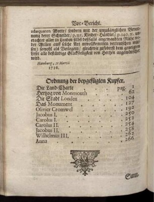 Ordnung der beygefügten Kupfer.