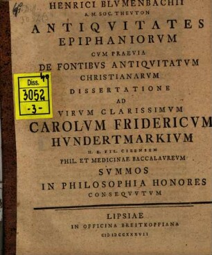 Henrici Blumenbachii ... Antiquitates Epiphaniorum, cum praevia de fontibus antiquitatum Christianarum dissertatione