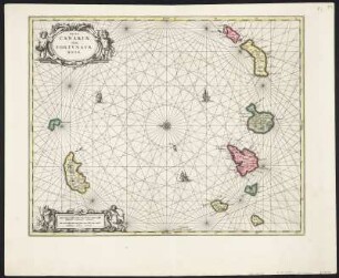 Karte von den Kanaren, Madeira und Porto Santo, Kupferstich, 1:1 400 000, um 1700 : Insulæ Canariæ, olim Fortunatæ Dictæ / Apud G. Valk et P. Schenk. - [Ca. 1:1 400 000]. - Amstelodami : G.Valk et P.Schenk , [um 1700]. - 1 Karte : Kupferstich ; Blattgröße 53 x 64 cm, Kartengröße 41 x 53 cm // O oben. - Maßstab in graph. Form (Milliaria Germanica communia, Milliaria Gallica communia). - Titelkartusche oben links, Maßstabskartusche unten links