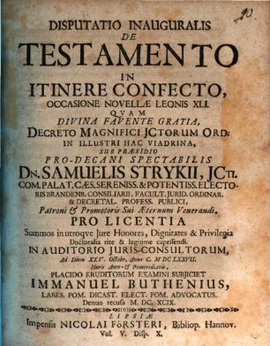 Disputatio Inauguralis De Testamento In Itinere Confecto, Occasione Novellae Leonis XLI.