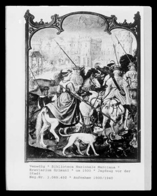 Breviarium Grimani — Jagdzug vor der Stadt