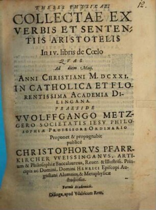 Theses Physicae. Collectae Ex Verbis Et Sententiis Aristotelis In IV. libris de Coelo