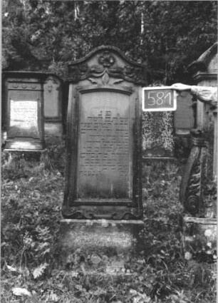 Grabstein 581 (Index: 99895377) Material: Sandstein Zustand: gut, Sockel verwittert Maße HxBxT: 165x56x22 cm Beschreibung: Stele mit Konvexbogenabschluss; Sockel Symbolik: aufgeschlagenes Buch, floral: Grabstein 581 (1)