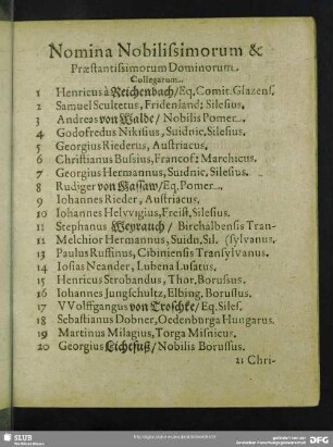 Nomina Nobilissimorum & Praestantissimorum Dominorum Collegarum