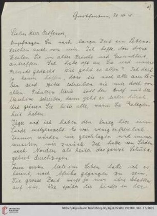 Nachlass Alfred Hettner, Eingegangene Briefe, Korrespondenz Leo Waibel/Alfred Hettner: Brief von Leo Waibel an Alfred Hettner