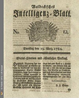 No. 12, Dienstag den 19. Merz 1782
