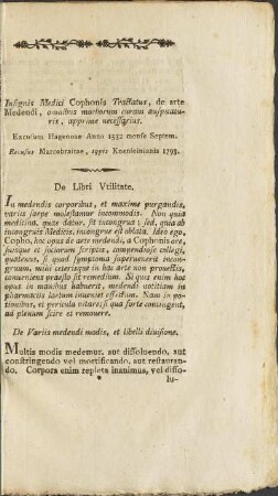 Insignis Medici Cophonis Tractatus, de arte Medendi, omnibus morborum curam auspicaturis, apprime necessarius