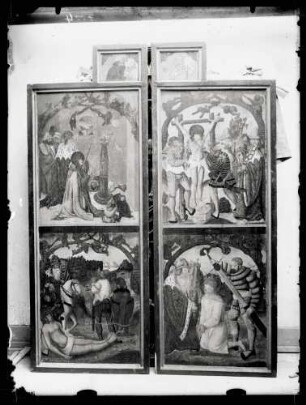 Gotische Kirche 1421; Hochaltarflügel-Gemälde vor und nach der Restaurierung