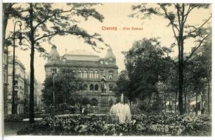 Chemnitz. Dresdner Bank, links: Altes Rathaus davor das Beckerdenkmal, rechts Poststraße