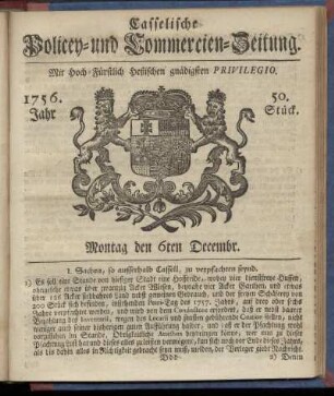 50. Stueck, Montag den 6ten Decembr. 1756