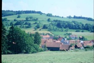 Blick über den Ort, hinten Gegenhang mit vielen Einzelbäumen