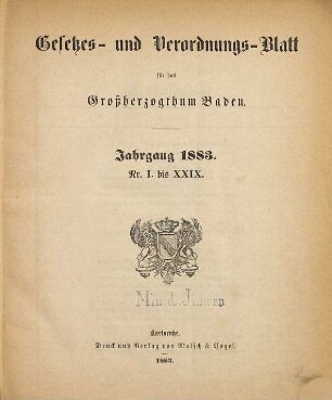 Gesetzes- und Verordnungs-Blatt für das Großherzogthum Baden. 1883