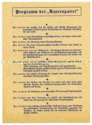 Programmatisches Flugblatt der Bayernpartei mit Mitgliederwerbung