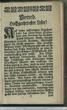 Vorred. Hochgeehrtester Leser!
