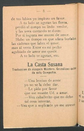 La Casta Susana : Traducción de Joaquín Montero. Grandioso éxito de esta Compañía.