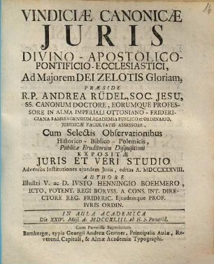 Vindiciae Canonicae Juris Divino-Apostolico-Pontificio-Ecclesiastici...