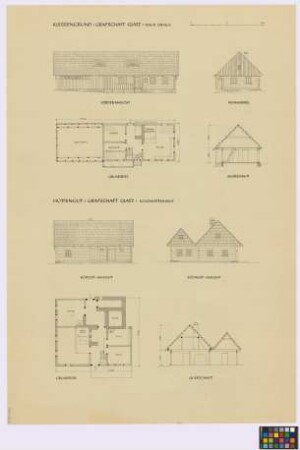 Klessengrund ([Landkreis Habelschwerdt]): Haus Oballa und Hüttengut (Grafschaft Glatz): Kolonistenhaus. - Haus Oballa (Seiten-Ansicht, Giebel-Ansicht, Grundriss [des Erdgeschosses], Querschnitt). - Kolonistenhaus (Süd-Ost-Seiten-Ansicht, Süd-West-Giebel-Ansicht, Grundriss [des Erdgeschosses], Querschnitt)