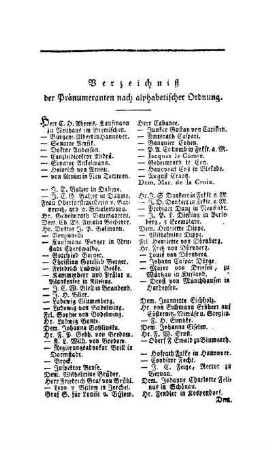 Verzeichniß der Pränumeranten nach alphabetischer Ordnung