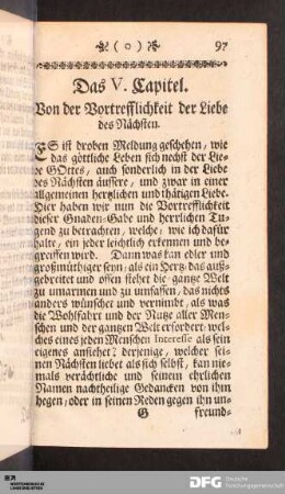 Das V. Capitel. Von der Vortrefflichkeit der Liebe des Nächsten.