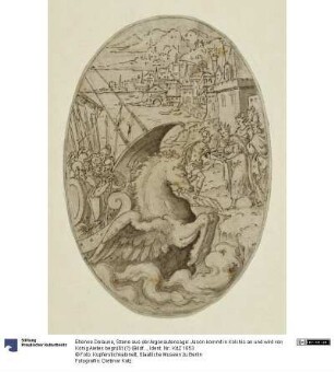 Szene aus der Argonautensage: Jason kommt in Kolchis an und wird von König Aietes begrüßt (?) (Bildfeld in einer ovalen Kartusche)