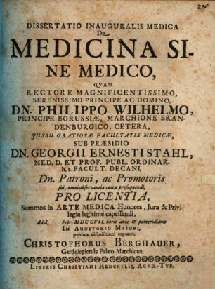 Dissertatio Inauguralis Medica De Medicina Sine Medico