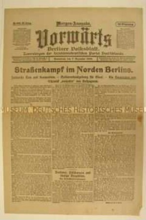 Zentralorgan der SPD "Vorwärts" zu den Straßenkämpfen in Berlin am 6. Dezember 1918