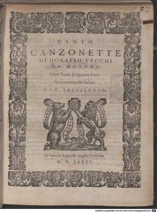 CANZONETTE DI HORATIO VECCHI DA MODONA Libro Terzo A Quattro Voci