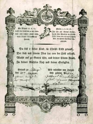 historischer Taufbrief aus Böchingen um 1801. Verziert
