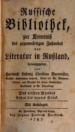 Russische Bibliothek, zur Kenntniß des gegenwärtigen Zustandes der Literatur in Rußland, 11. 1787