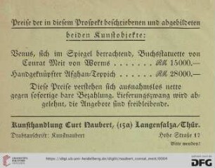 Preise der in diesem Prospekt beschriebenen und abgebildeten beiden Kunstobjekte