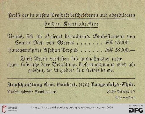 Preise der in diesem Prospekt beschriebenen und abgebildeten beiden Kunstobjekte