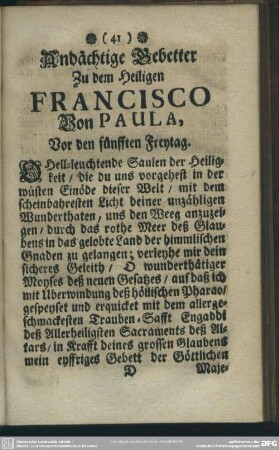 Andächtige Gebetter Zu dem Heiligen Francisco Von Paula, Vor den fünfften Freytag