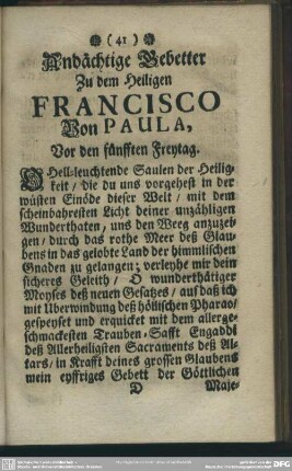 Andächtige Gebetter Zu dem Heiligen Francisco Von Paula, Vor den fünfften Freytag